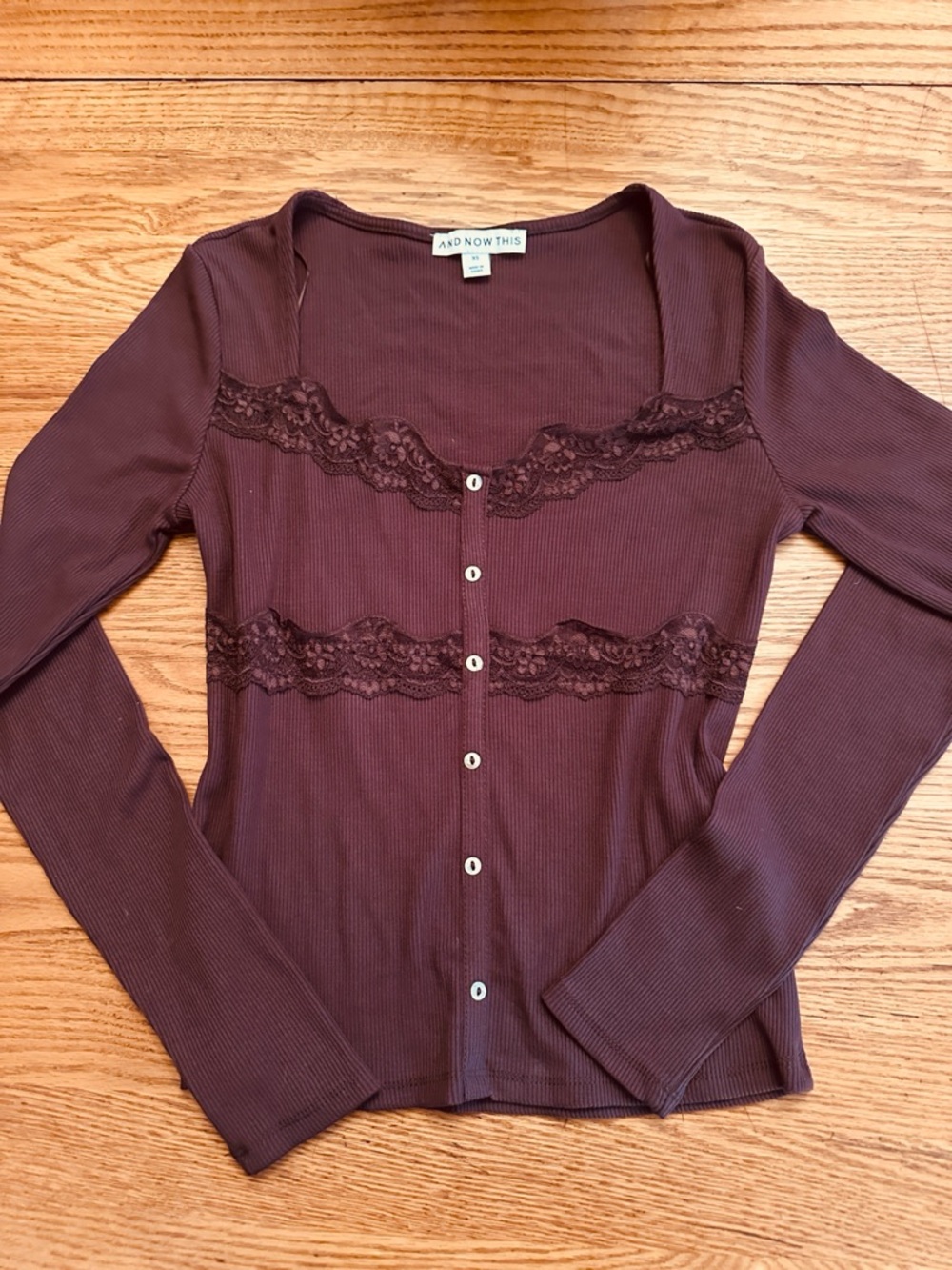 Brown Lace-Trim Ribbed Button blouse Sz xsml